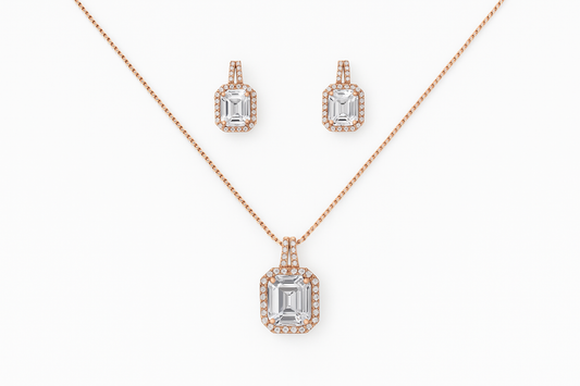 Rose-Gold Emerald Cut Pendant & Earrings Set for Women