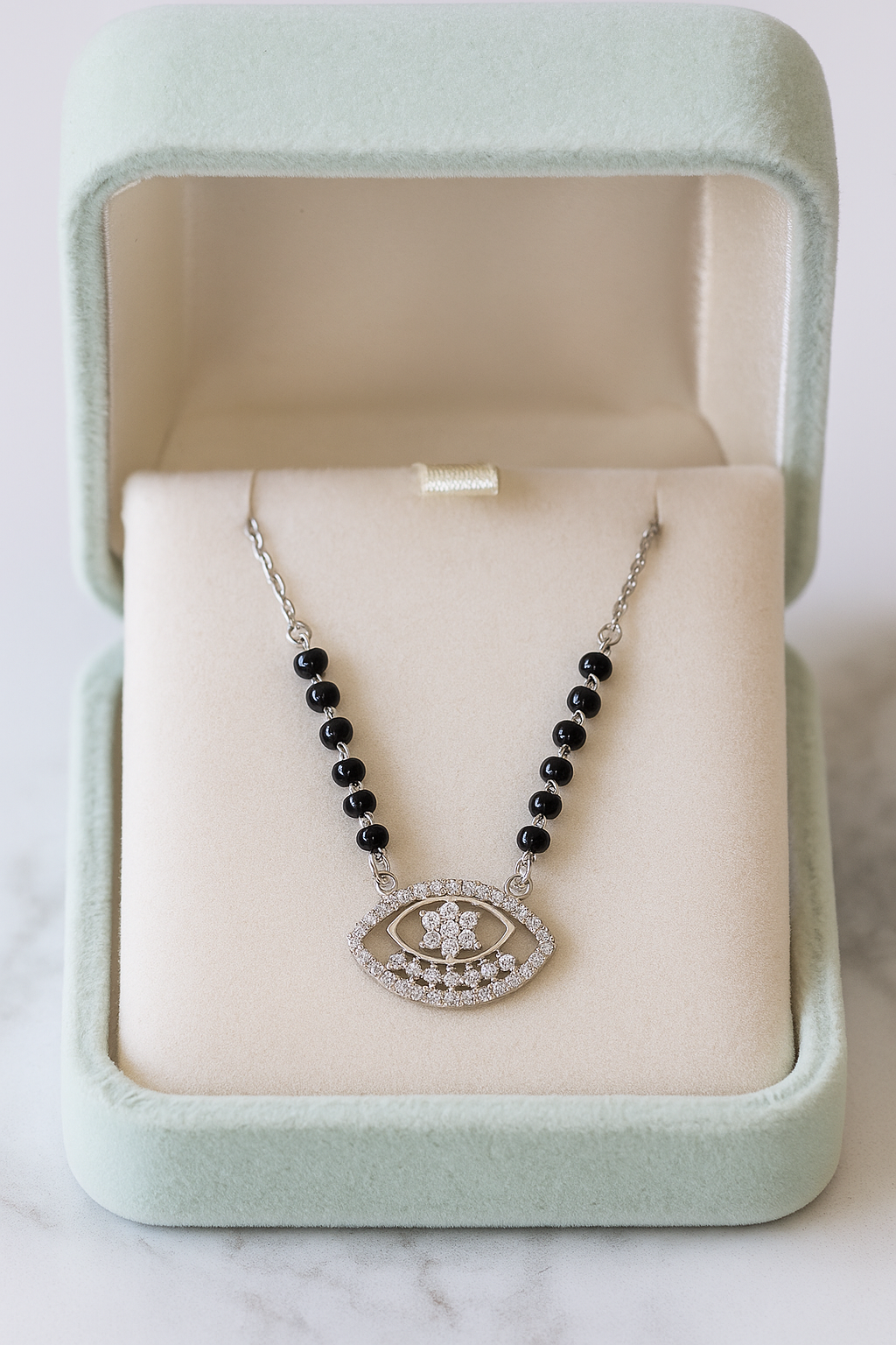 Silver Tone Evil Eye CZ Pendant Necklace with Black Beads for Women