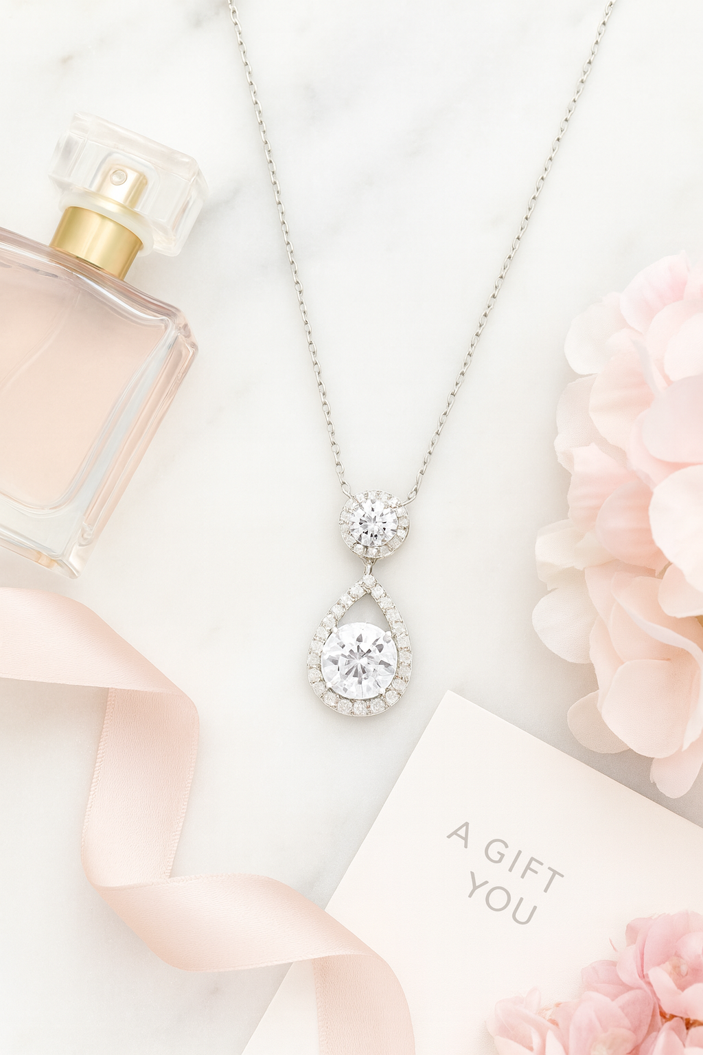 Teardrop Double Zircon Pendant Necklace for Women 925 Silver Finish Elegant Party and Wedding Wear Chain