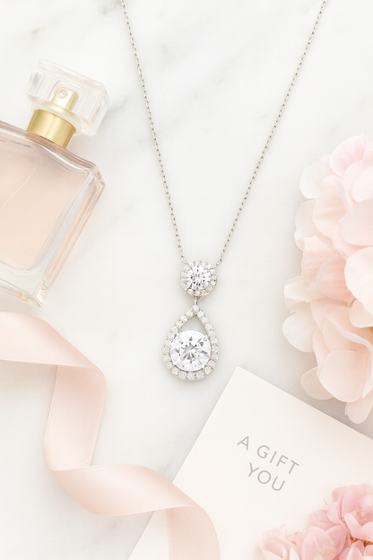 Teardrop Double Zircon Pendant Necklace for Women 925 Silver Finish Elegant Party and Wedding Wear Chain