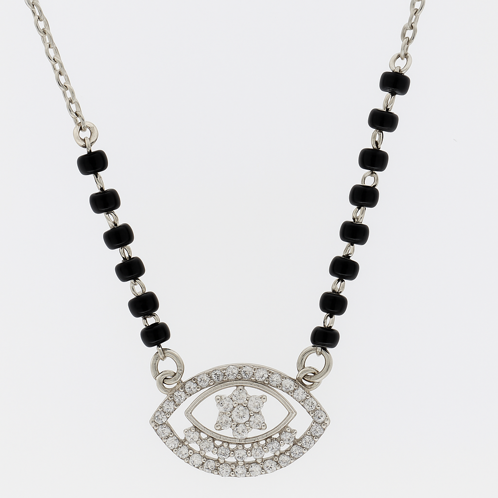 Silver Tone Evil Eye CZ Pendant Necklace with Black Beads for Women