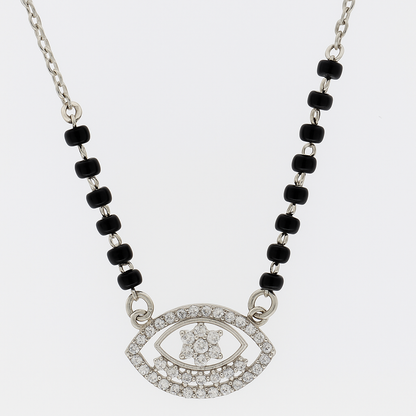 Silver Tone Evil Eye CZ Pendant Necklace with Black Beads for Women