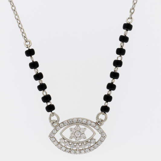 Silver Tone Evil Eye CZ Pendant Necklace with Black Beads for Women