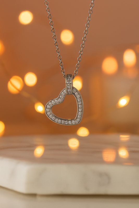 Elegant Open Heart Pendant Necklace with CZ Stones in White Gold Finish