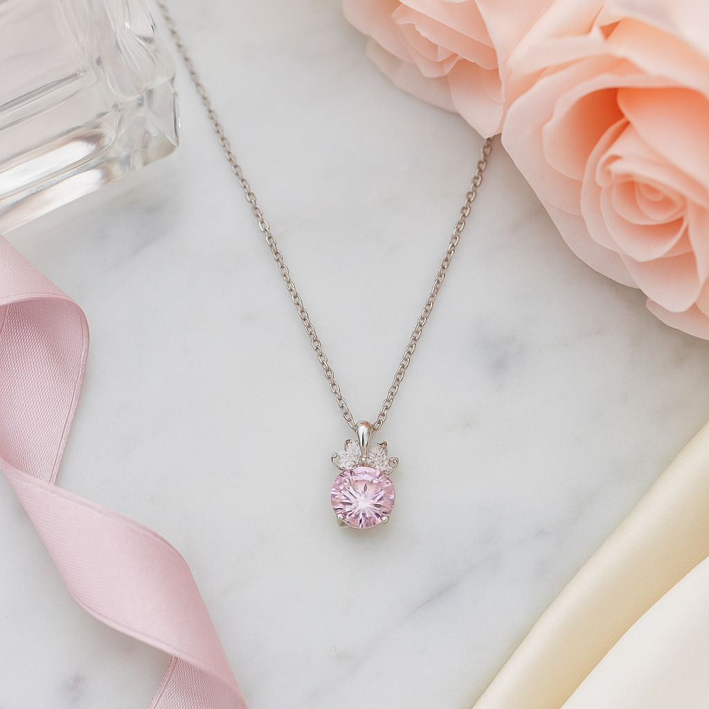 Pink Floral CZ Pendant Necklace in White Gold Finish