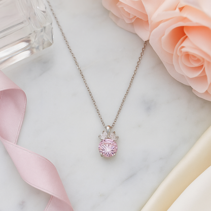 Pink Floral CZ Pendant Necklace in White Gold Finish