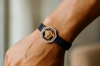 Premium Octagon Medusa Men’s Bracelet Black Ceramic Stretch Band with Rose Gold CZ Frame