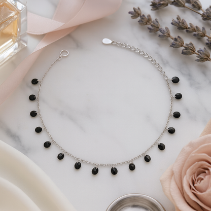 Elegant Silver Black Drop Charm Anklet for Women & Girls | Minimal Daily Wear Adjustable Chain Anklet