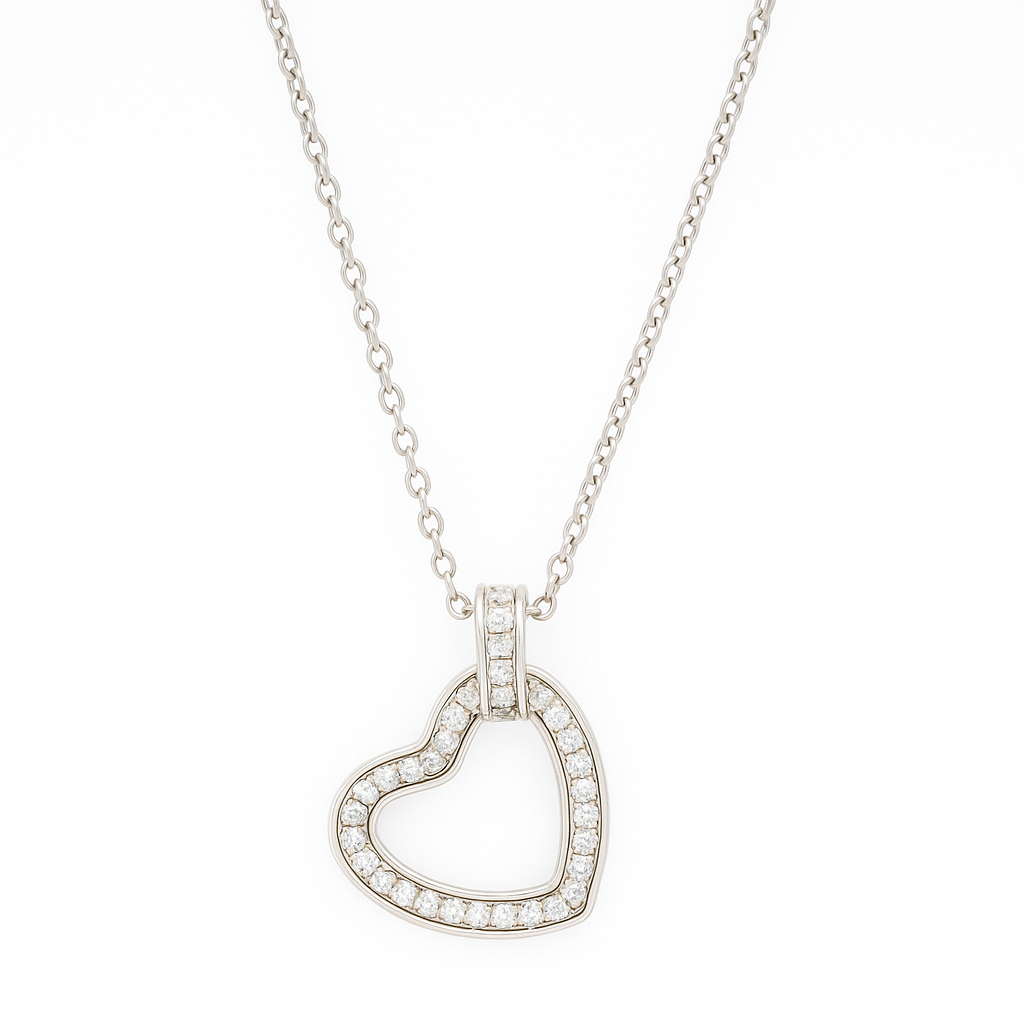 Elegant Open Heart Pendant Necklace with CZ Stones in White Gold Finish
