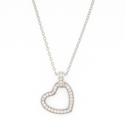 Elegant Open Heart Pendant Necklace with CZ Stones in White Gold Finish
