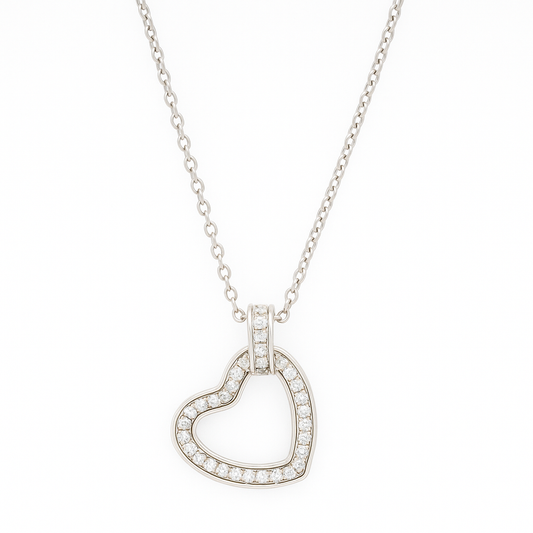 Elegant Open Heart Pendant Necklace with CZ Stones in White Gold Finish