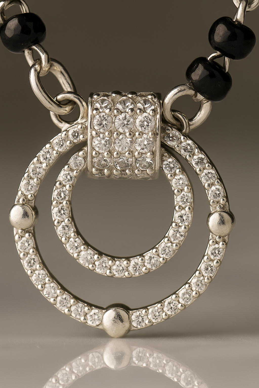 Silver Tone CZ Circle Pendant Necklace with Black Beads for Women