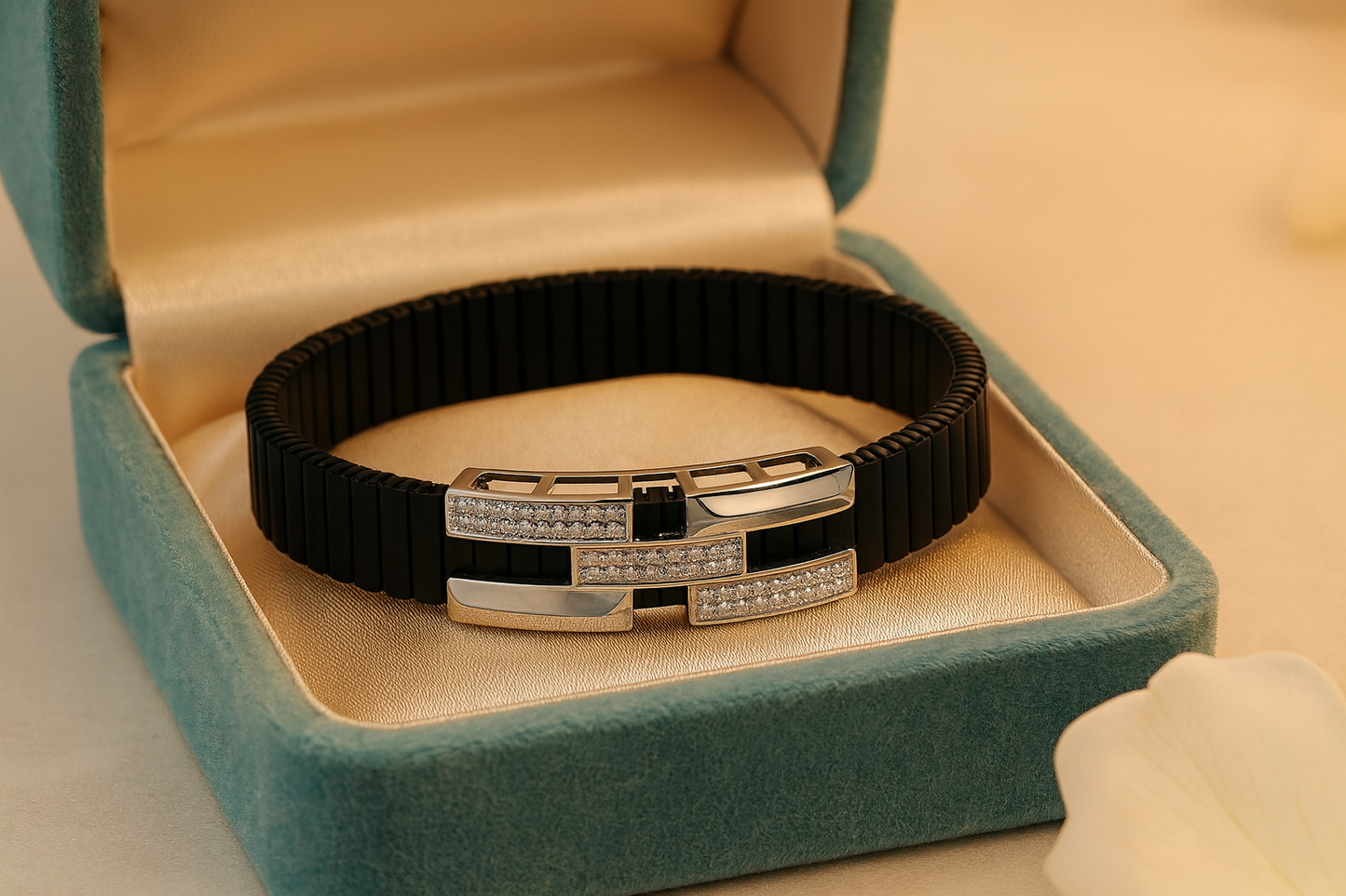 Premium Men’s Bracelet Black Ceramic Stretch Band with Silver ZigZag CZ Designer Plate