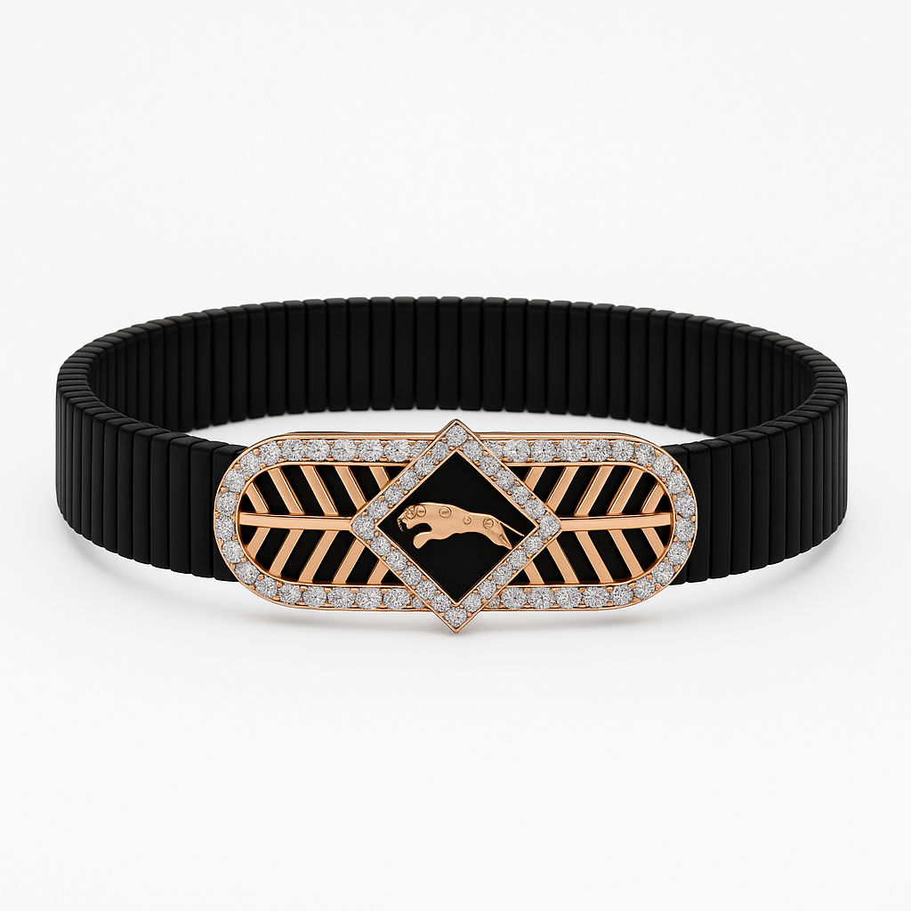 Jaguar Logo Men’s Bracelet Black Ceramic Stretch Band with Rose Gold CZ Designer Plate