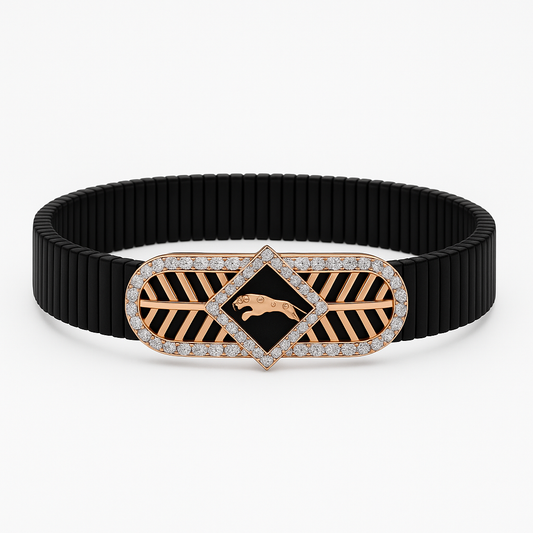 Jaguar Logo Men’s Bracelet Black Ceramic Stretch Band with Rose Gold CZ Designer Plate