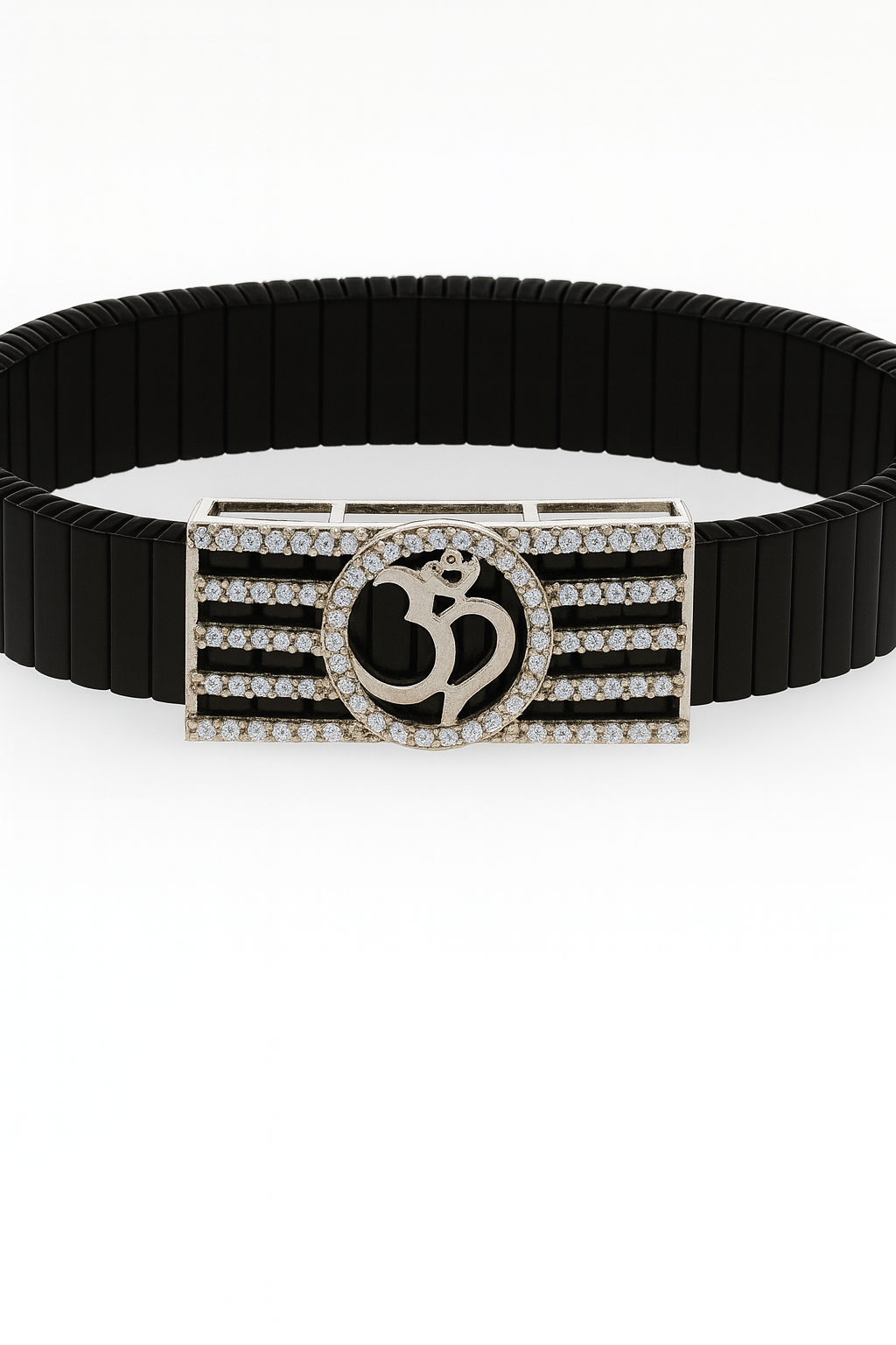 Om Religious Men’s Bracelet Black Ceramic Stretch Band with Silver CZ Devotional Plate