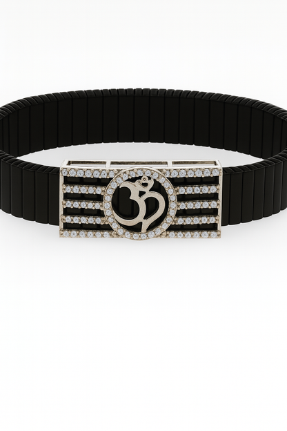 Om Religious Men’s Bracelet Black Ceramic Stretch Band with Silver CZ Devotional Plate