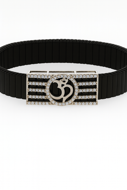 Om Religious Men’s Bracelet Black Ceramic Stretch Band with Silver CZ Devotional Plate