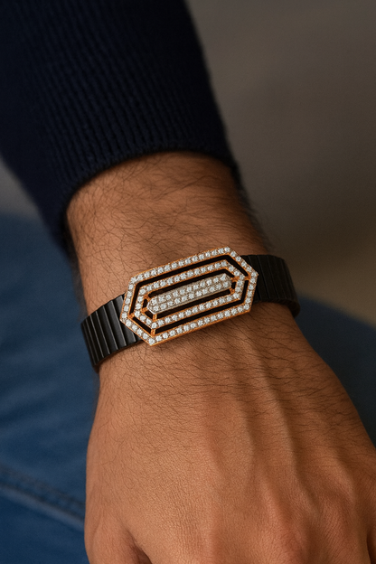 Premium Geometric Layered Men’s Bracelet Black Ceramic Stretch Band with Rose Gold CZ Plate