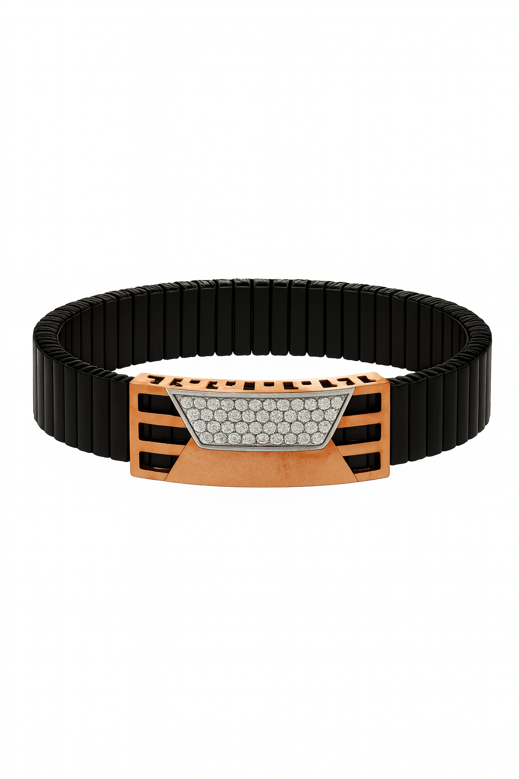 Premium Men’s Bracelet Black Ceramic Stretch Band with Silver CZ Designer Plate