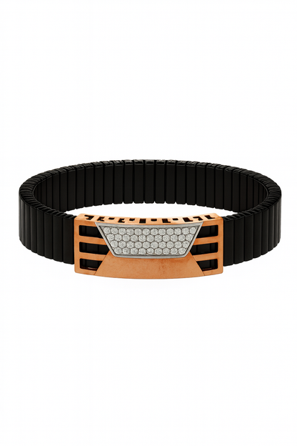 Premium Men’s Bracelet Black Ceramic Stretch Band with Silver CZ Designer Plate