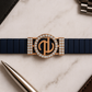 Premium Designer Logo Men’s Bracelet Blue Ceramic Stretch Band with Rose Gold CZ Round Emblem