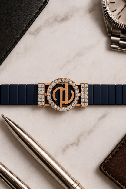 Premium Designer Logo Men’s Bracelet Blue Ceramic Stretch Band with Rose Gold CZ Round Emblem